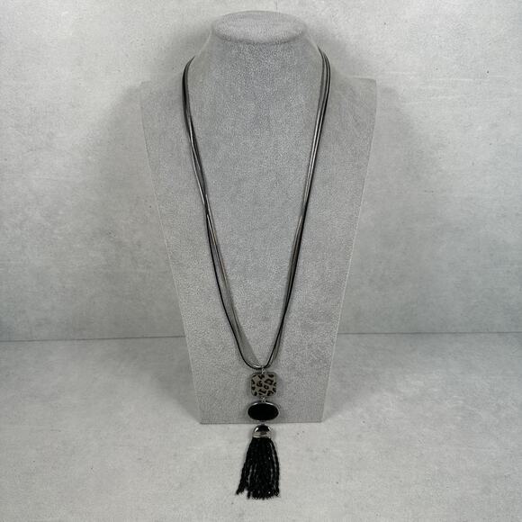 Chico's Reversible Pendant Necklace Womens Long Tassel Leopard Rhinestone Black - Picture 3 of 7
